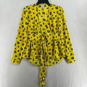 Cabi Blouse Women's Sz XS Yellow Printed Sunny Set Tie Front Long Sleeve Peplum